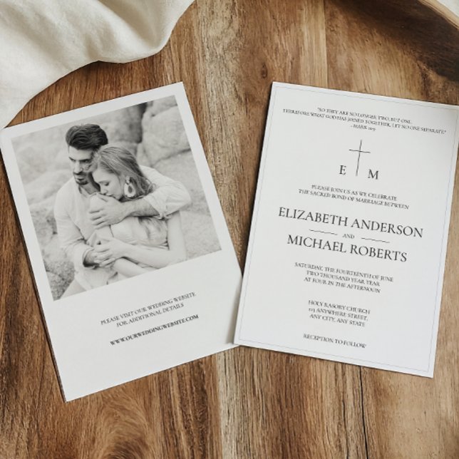 Invitation Photo catholique moderne B&W Cross Mariage (Catholic Wedding Invitation)
