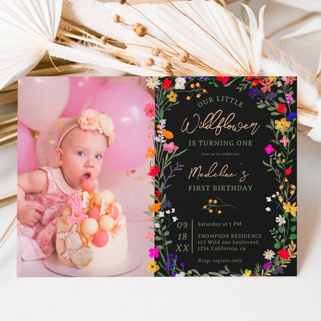 Invitation Photo chic boho fleurs sauvages éclatantes 1er ann (Créateur téléchargé)