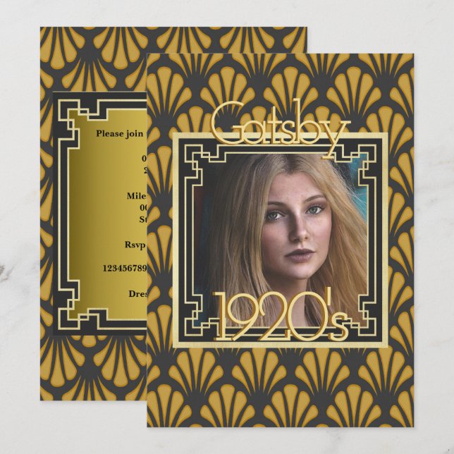 Invitation Photo chic Gatsby Art Déco vintage des années 1920 (Devant / Derrière)
