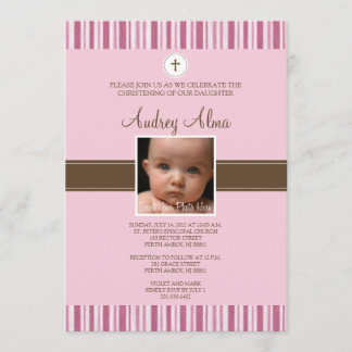 Invitation photo Christening Pink Stripe - Fille