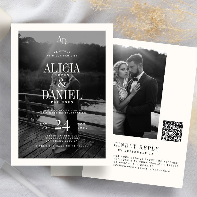 Invitation Photo classic black and ivory QR code RSVP wedding (Créateur téléchargé)