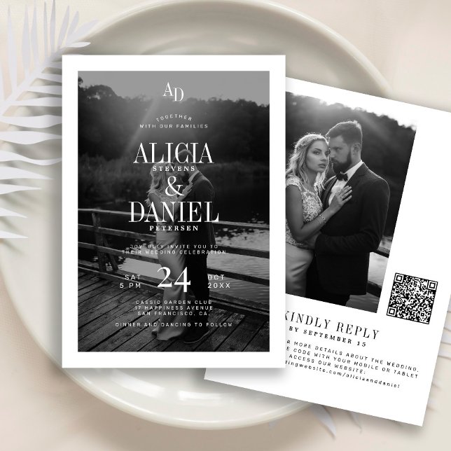 Invitation Photo classic black and white QR code RSVP wedding (Créateur téléchargé)