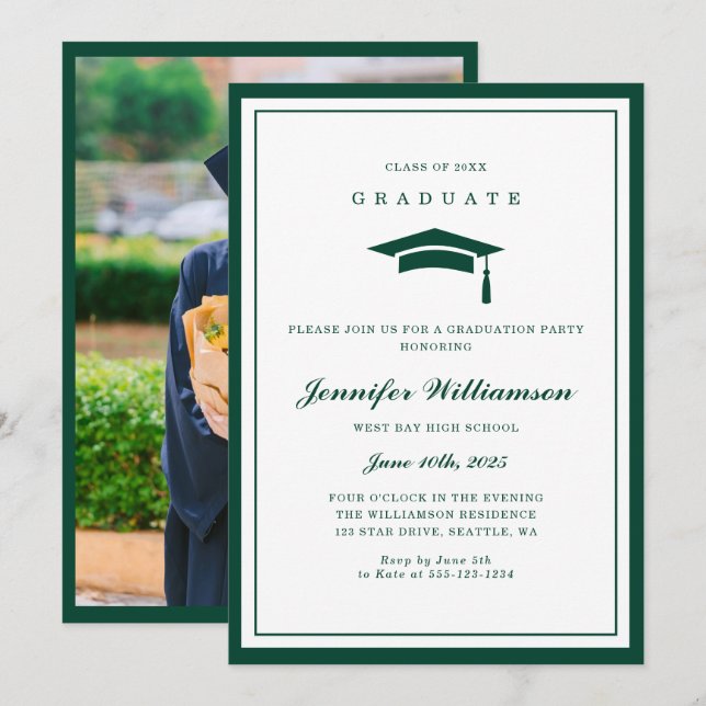 Invitation Photo classique de Graduation de Script Vert & Bla (Devant / Derrière)