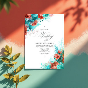Invitation Photo classique de Mariage de fleurs turquoise et 