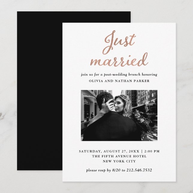 Invitation Photo classique | Faux Rose Gold vient de se marie (Devant / Derrière)