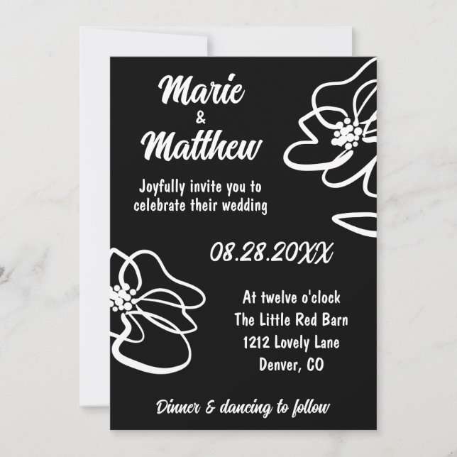 Invitation Photo Classique Gothique Noir Floral Mariage croqu (Devant)