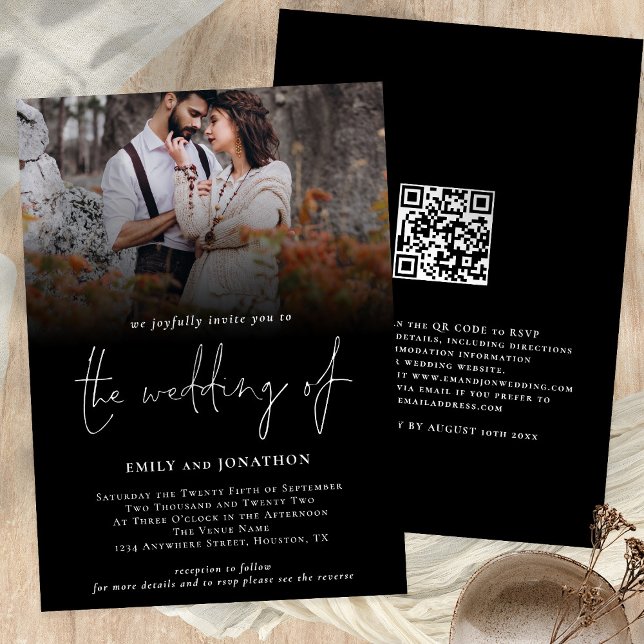 Invitation Photo classique QR Code Script Mariage noir (Wedding invitation custom photo overlay black with QR code)