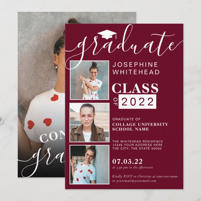 Invitation Photo Collage Graduation Party Bourgogne 2022 (Devant / Derrière)