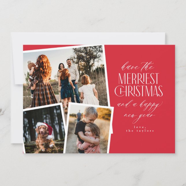 Invitation Photo Collage Merriest Noël rouge et blanc (Devant)