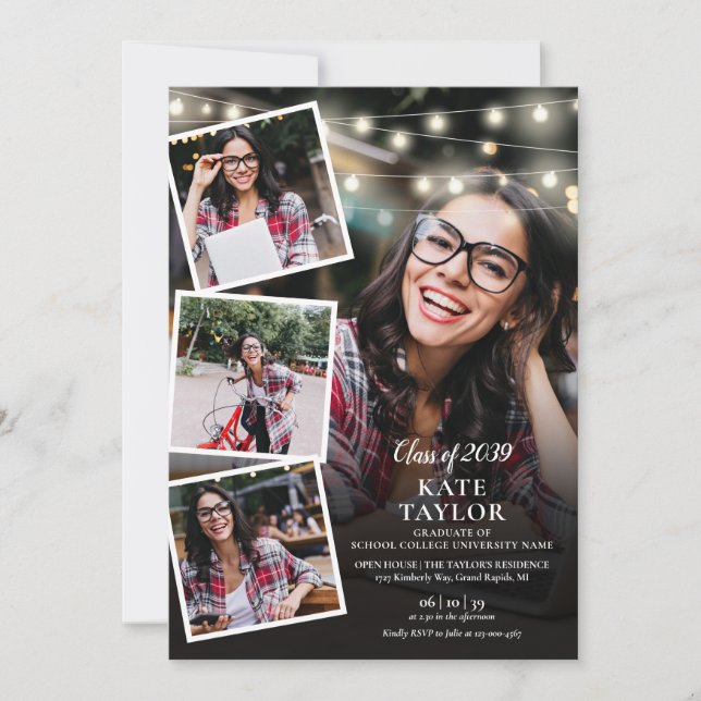 Invitation Photo Collage String Lights Graduation Party (Devant)