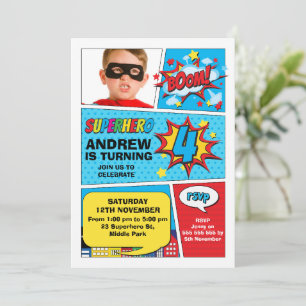 Invitation Photo colorée Boom Superhero 4e anniversaire