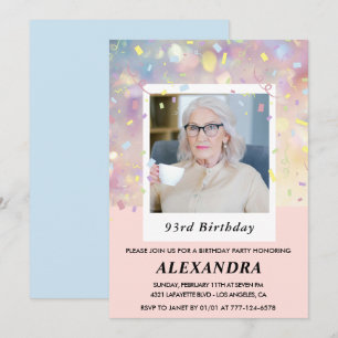 Invitation Photo Confettis roses 93e anniversaire