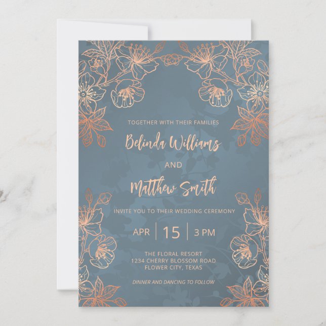 Invitation Photo Copper Gold Dusty Blue Wedding (Devant)