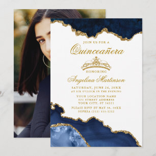 Invitation Photo Couronne en marbre bleu Quinceanera