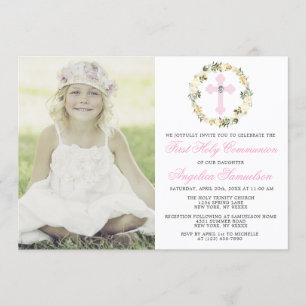 Invitation PHOTO croisée florale de première fille de sainte