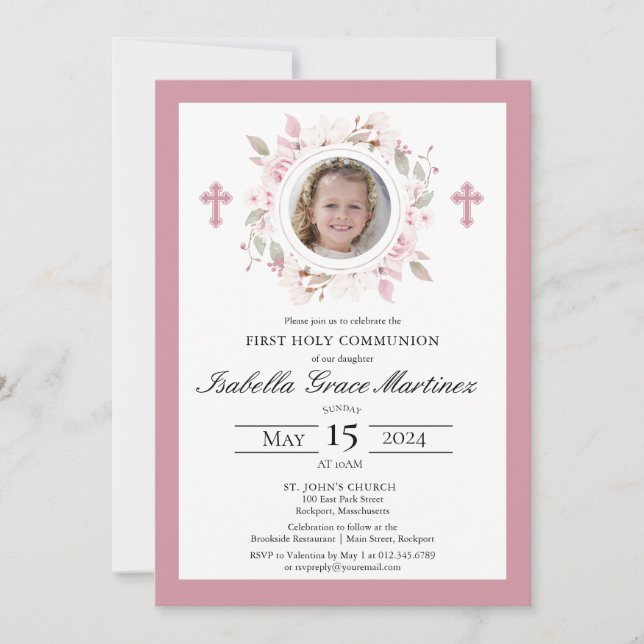 Invitation Photo Croix florale rose Première communion sainte (Devant)