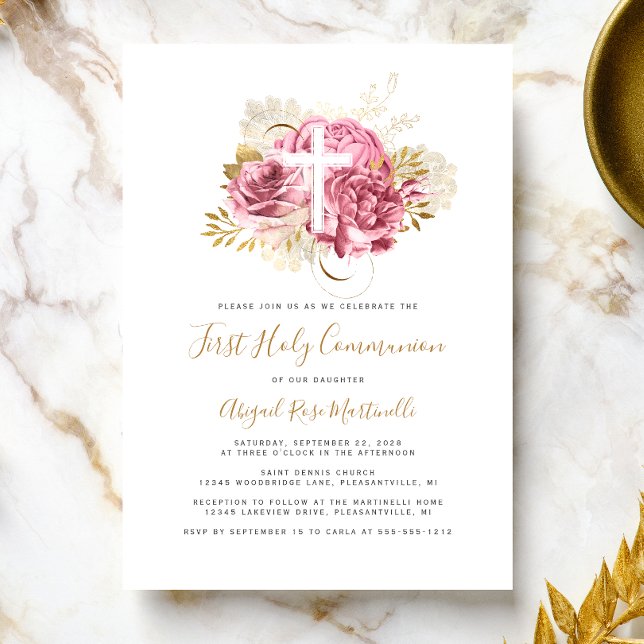 Invitation Photo Croix Rose Or Floral Première communion (Créateur téléchargé)