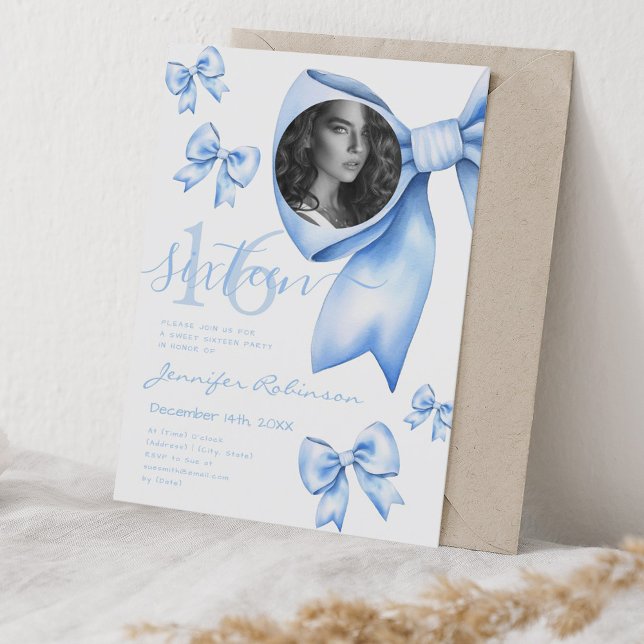 Invitation PHOTO Cute Coquette Marine Bow Sweet 16 (PHOTO Cute Coquette Navy Blue Bow Sweet 16 Invitation)