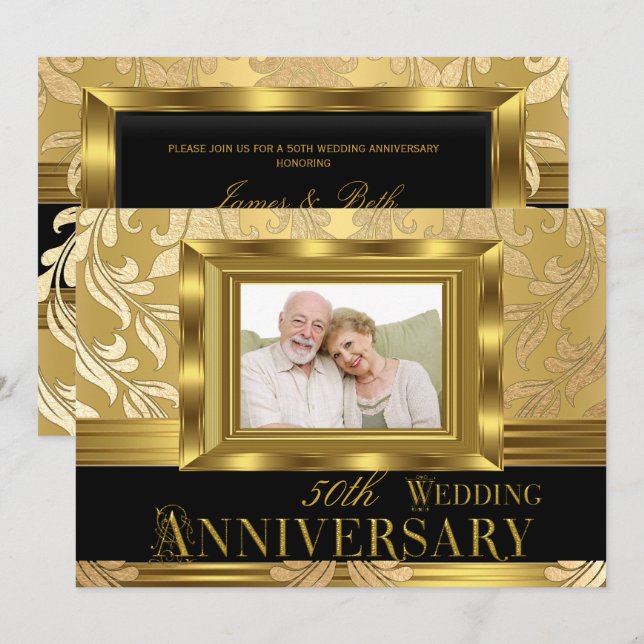 Invitation Photo damas or 50 ans de mariage (Devant / Derrière)