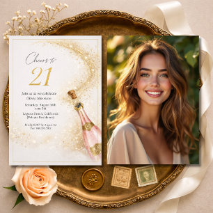 Invitation Photo d'anniversaire 21 ans Cheers Champagne rose 