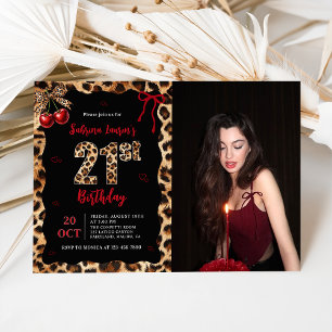 Invitation Photo d'anniversaire 21 ans Leopard Cheetah Cherry
