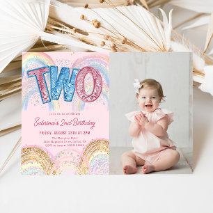 Invitation Photo d'anniversaire 2 ans arc-en-ciel pailleté