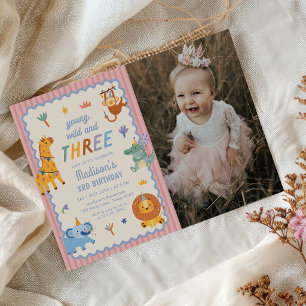 Invitation Photo d'anniversaire 3 ans fille animaux de safari
