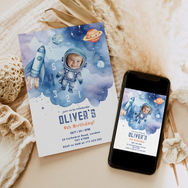 Invitation Photo d'anniversaire 4 ans Astronaute de l'espace  (Créateur téléchargé)