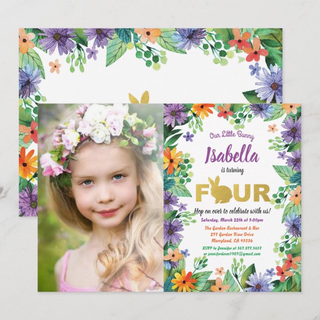 Invitation photo d'anniversaire 4 ans Pâques (Devant / Derrière)