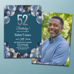Invitation Photo d'anniversaire 52 ans Paillettes Bleu Élégan