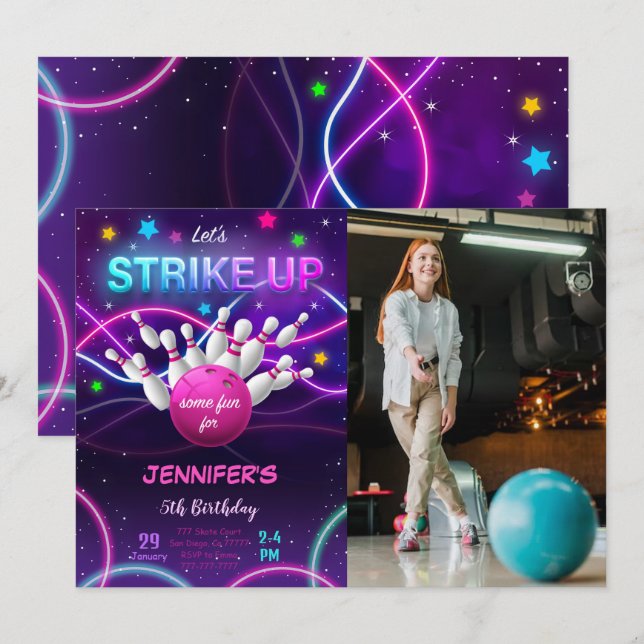 Invitation photo d'anniversaire Bowling Fille (Devant / Derrière)
