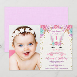 Invitation photo d'anniversaire Bunny rose et or 1