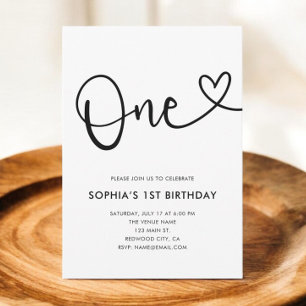 Invitation Photo d'anniversaire de 1 an avec écriture cœur