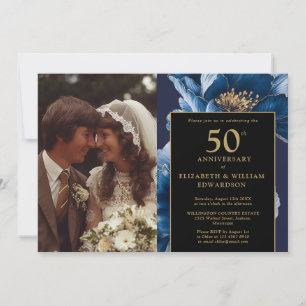 Invitation Photo d'anniversaire de 50 ans à fleurs bleues noi