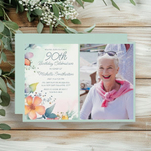 Invitation Photo d'anniversaire de 90 ans Floral Pastel Rose
