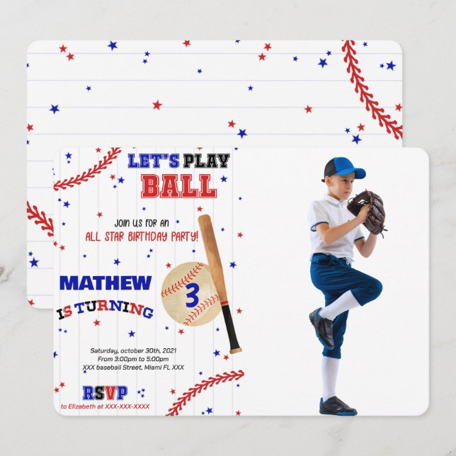 Invitation photo d'anniversaire de baseball (Devant / Derrière)