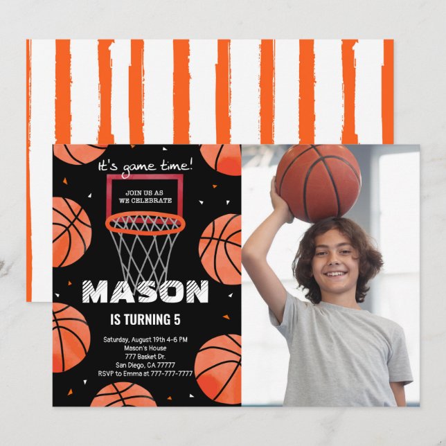Invitation photo d'anniversaire de basketball (Devant / Derrière)