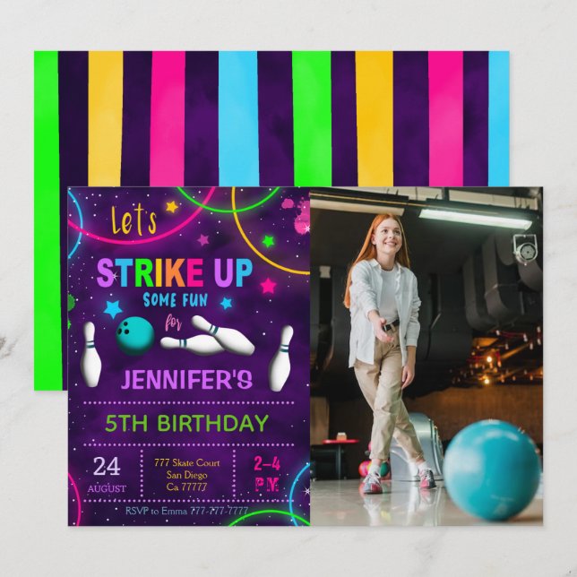 Invitation photo d'anniversaire de bowling (Devant / Derrière)