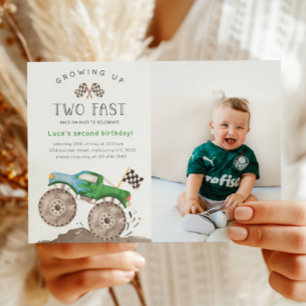 Invitation Photo d'anniversaire de camion monstre vert Two Fa