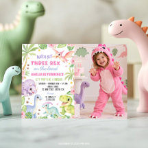 Photo d'anniversaire de fille dinosaure mignonne T