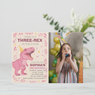 Invitation Photo d'anniversaire de fille Trois-Rex Dinosaure