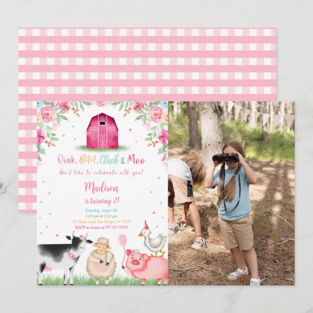 Invitation Photo d'anniversaire de la ferme pour filles (Devant / Derrière)