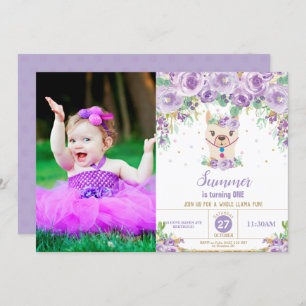 Invitation Photo d'anniversaire de la fille de Cute Llama, fl