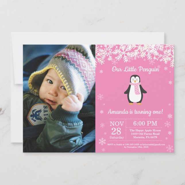 Invitation Photo d'anniversaire de la fille d'hiver de Pengui (Devant)