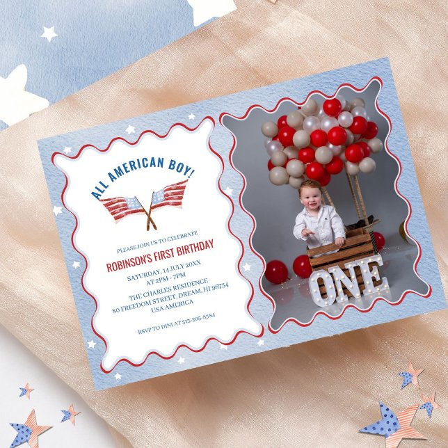 Invitation Photo d'anniversaire de l'Aquarelle américaine 4 j (Créateur téléchargé)
