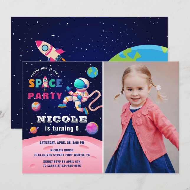 Invitation Photo d'anniversaire de l'astronaute spatiale terr (Devant / Derrière)