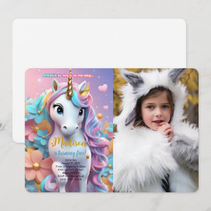 Invitation Photo d'anniversaire de licorne aux cheveux arc-en