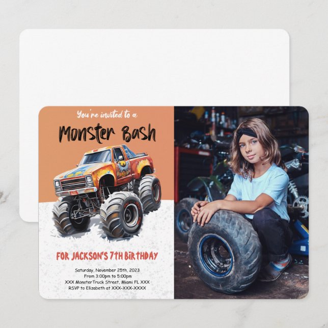 Invitation Photo d'anniversaire de Monster Truck Editable (Devant / Derrière)