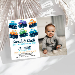 Invitation Photo d'anniversaire de Monster Truck Smash and Cr