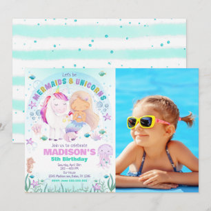 Invitation Photo d'anniversaire de sirène et de licorne sous 